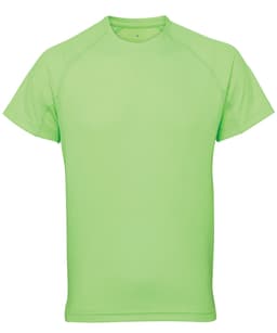 A panelled tech T-shirt in bright green with a logo on the chest.