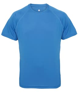 A panelled tech T-shirt in bright blue with a crew neck and short sleeves. It features a logo on the front.