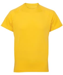 A yellow panelled tech t-shirt featuring short sleeves and a round neckline. It has a logo on it.