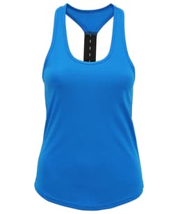 A blue performance strap back vest with a lower front and a keyhole back design. It features a logo.