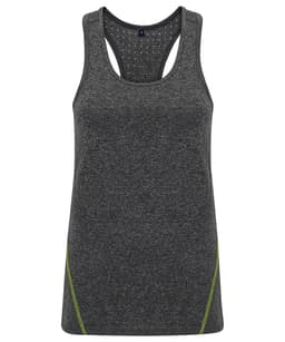 A grey vest with a racerback design and green detailing, featuring laser cut patterns. It has a branding logo.
