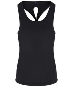 A black yoga vest with a unique open back design and a logo on the front.