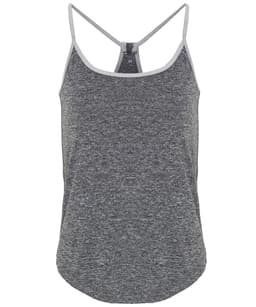 A grey yoga vest with a racerback design and subtle texture. It features a logo on the inside label.