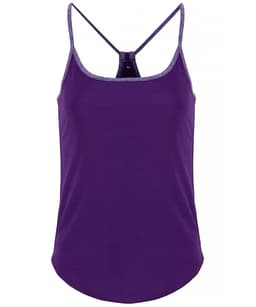A purple yoga vest featuring a racerback design and contrasting trim. The garment has no visible branding.