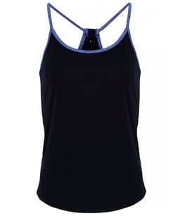 A black yoga vest with a blue trim and racerback design, featuring a simple branding logo.