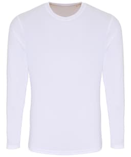 A white long sleeve performance t-shirt featuring a classic round neckline and a logo on the sleeve.