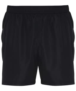 Black training shorts featuring an elastic waistband and side pockets, with a logo on the front.
