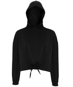 A black cropped oversized hoodie with a drawstring at the hem and a hood, featuring a branded logo.