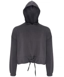 A cropped oversize hoodie in dark grey with a hood and drawstring detail at the hem. Features a logo.