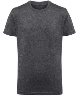 A grey kids' performance T-shirt with a round neck and short sleeves. It features a logo on the front.