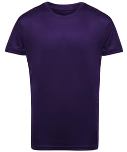 A purple kids performance T-shirt with a crew neck design. It features short sleeves and has a logo.