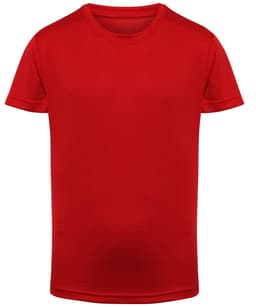 A red kids' performance T-shirt with a round neckline and short sleeves. It features a logo.