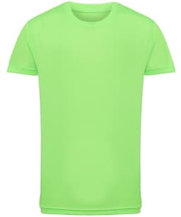 A bright green kids' performance T-shirt with short sleeves and a simple design, featuring a logo.