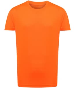 An orange kids performance T-shirt with a crew neck and short sleeves. It has a logo on the front.