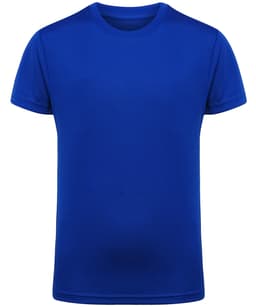 A blue kids' performance T-shirt with a round neck and short sleeves. It has a logo on the front.