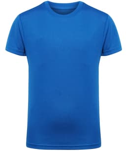 A blue kids' performance T-shirt with a classic crew neck and short sleeves. It features a logo on the front.