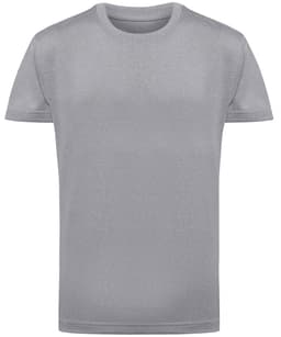 A grey kids' performance T-shirt with a classic crew neck and short sleeves. It features a logo.
