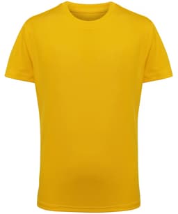A bright yellow kids' performance T-shirt with short sleeves and a simple design. It features a logo on the label.