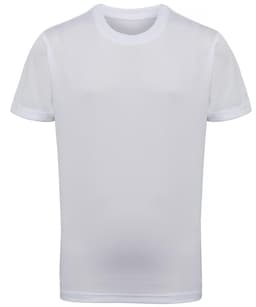 A white kids' performance T-shirt with short sleeves, featuring a branding logo.