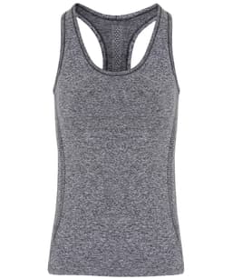 A seamless grey sport sculpt vest featuring a racerback design and a fitted silhouette. It has a logo on the fabric.