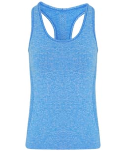 A blue seamless 3D fit sport sculpt vest featuring a racerback design and textured fabric. It has a logo on the front.