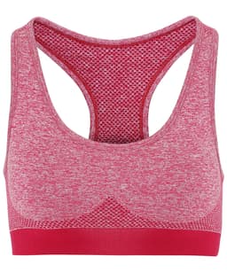 A red seamless sports bra with a textured design and wide shoulder straps, featuring a logo on the band.