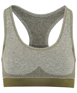 A seamless sport bra in grey and olive green, featuring a breathable mesh design and a branded logo.