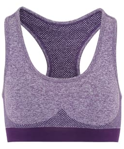 A purple sport bra with a seamless design and mesh detailing, featuring a branding logo.