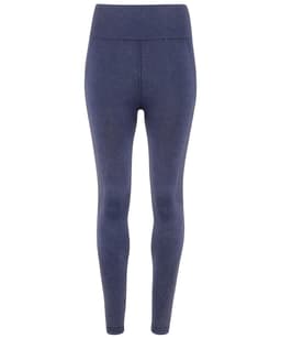 A pair of seamless leggings in a denim look, featuring a high waist and a dark blue colour.