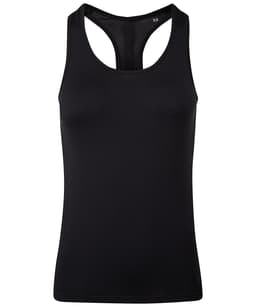 A black seamless sports vest with a racerback design and a fitted silhouette. Features a logo on the side.