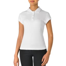 A fitted white polo shirt with a collar and short sleeves, featuring buttons and no visible branding.
