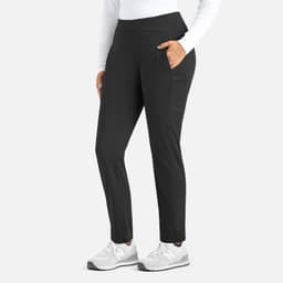 A pair of women's mid-rise tapered pants in black, featuring side pockets and a fitted style.