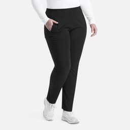 Mid-rise tapered pant in black, featuring side pockets and a sleek, fitted design. Includes a logo on the waistband.