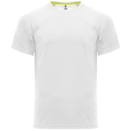 A white t-shirt featuring a subtle branding logo and contrasting detail near the neckline.