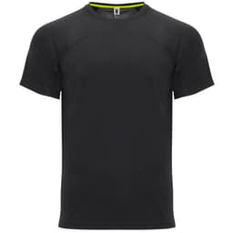 A black t-shirt with short sleeves and a mesh panel, featuring a logo on the label.