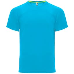 A bright turquoise t-shirt features short sleeves and a crew neckline. The shirt has a logo on the label.