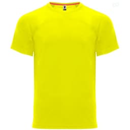 A bright yellow t-shirt with a standard crew neck and short sleeves. Features a logo on the label.