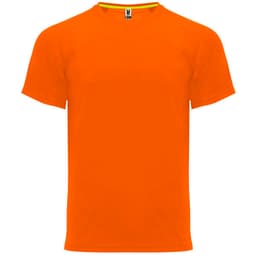 An orange T-shirt with a crew neck and short sleeves, featuring a logo on the label.