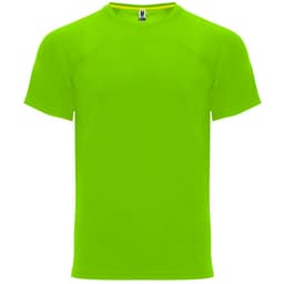A bright green t-shirt featuring a round neckline and short sleeves. Includes a logo on the label.