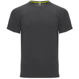 A dark grey t-shirt featuring short sleeves and a subtle logo. Suitable for casual wear or sports activities.