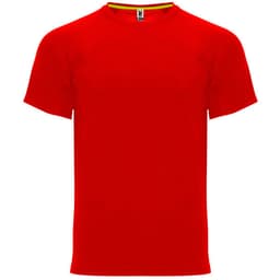 A red T-shirt featuring short sleeves and a rounded neckline, with a logo at the neck.