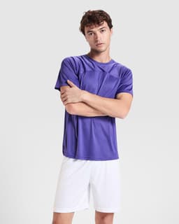 A purple T-shirt with short sleeves, paired with white shorts, featuring a logo.