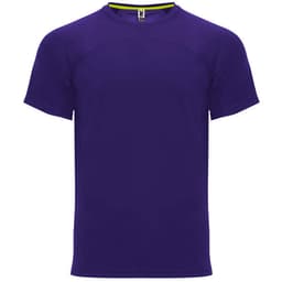 A purple Monaco T-shirt featuring short sleeves and a crew neckline, with a logo on the tag.