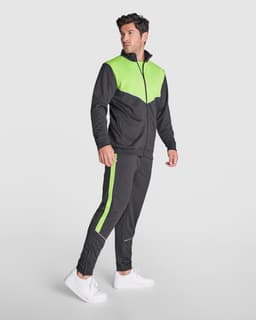 A lightweight track jacket in black and neon green, featuring a zip front and matching track pants.