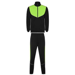 A lightweight tracksuit featuring a black base with vibrant green accents, including a track jacket and matching pants.