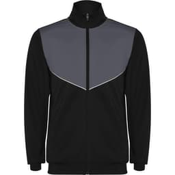 A black tracksuit jacket with a grey upper panel and a zip front. It features a branding logo.
