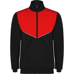 A lightweight track jacket in black with a red upper section and a zip front. It features a logo on the chest area.