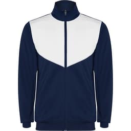 A navy blue track jacket featuring a white panel design and a zip-up front, with a collar and branded logo.