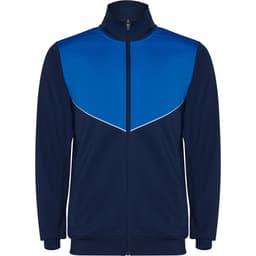 A navy and blue lightweight track jacket with a zip front and a logo on the chest.