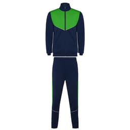 A lightweight tracksuit in navy blue and vibrant green with a zip-up jacket and matching pants, featuring a logo.